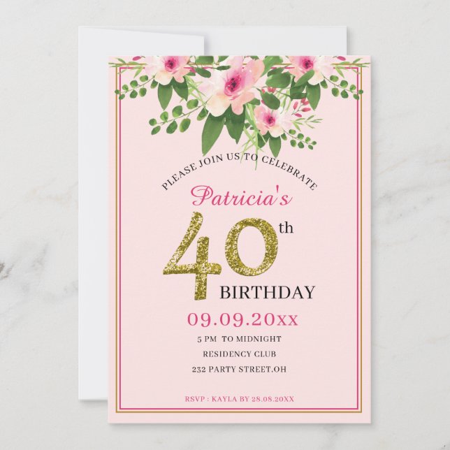 Invitation Elégant Floral Rose and Gold 40e anniversaire (Devant)