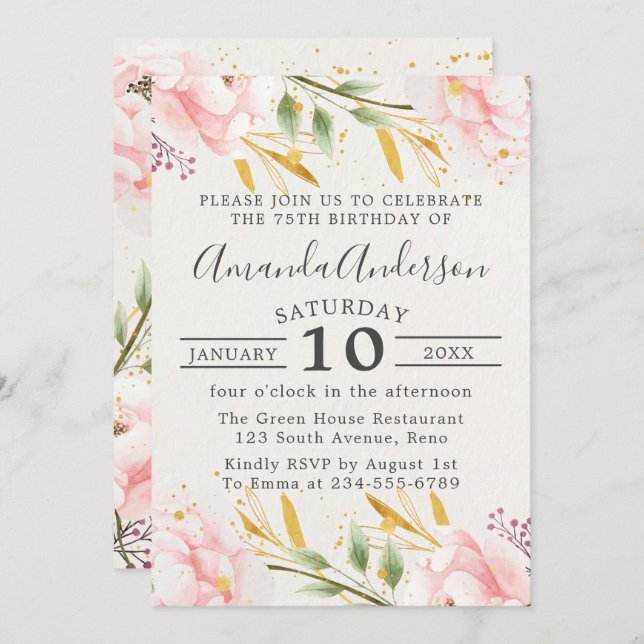 Invitation Élégant Floral Rose and Gold 75e anniversaire (Devant / Derrière)