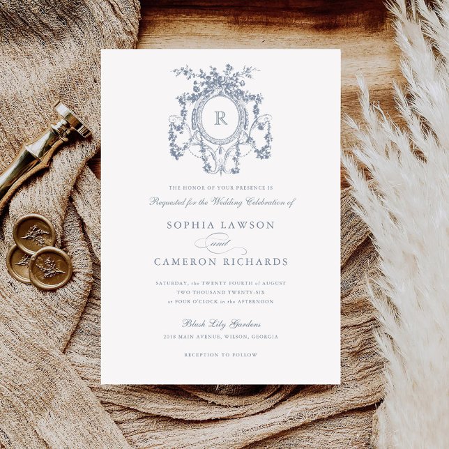 Invitation Elégant Floral Rose Crest Vintage Mariage (Créateur téléchargé)