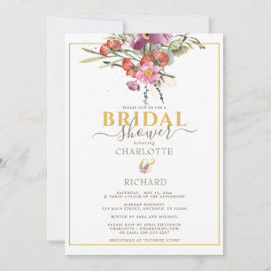 Invitation Élégant floral rose et esperluette dorée pour la