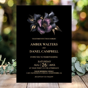 Invitation Élégant floral rose et gris Mariage noir