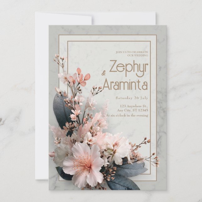 Invitation Élégant floral rose feuille sombre marbre mariage (Devant)