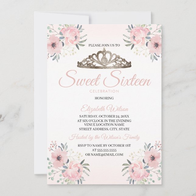 Invitation Elégant floral rose pâle photo Sweet 16 Invitatio (Devant)