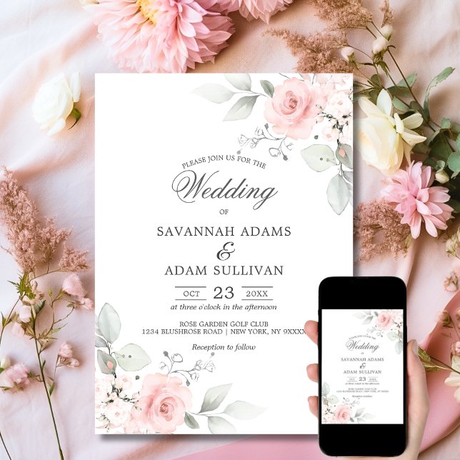 Invitation Élégant floral rose poudré botanique  (Elegant Floral Blush Rose Pink Botanical Invitation Set | Matching Invitation Suite)