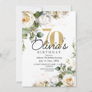 Invitation Elégant Floral Roses Blanches & Or 70e anniversair