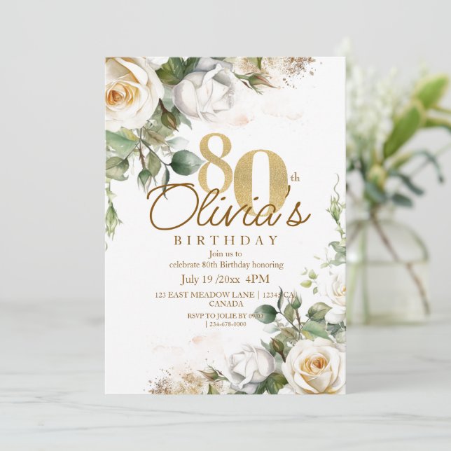 Invitation Elégant Floral Roses Blanches & Or 80e anniversair (Debout devant)