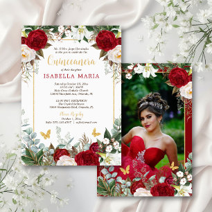 Invitation Élégant floral rouge moderne avec photo Quinceañer