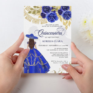 Invitation Elégant Floral Royal Blue Horse Quinceañera