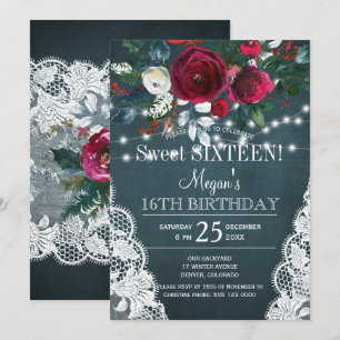 Invitation Élégant floral rustique bordeaux pour un sweet six