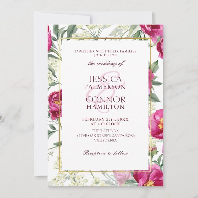 Invitation Élégant Floral Rustique Bourgogne Mariage rose (Devant)