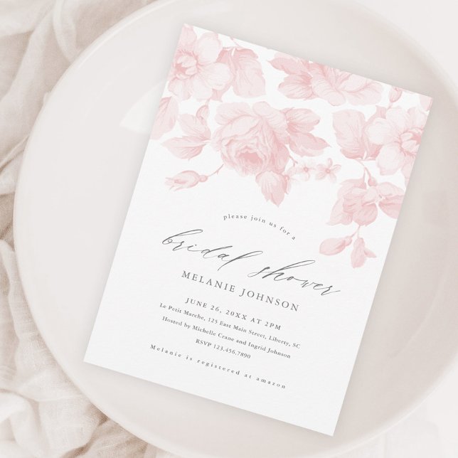 Invitation Élégant Floral Script Rose Fête de Mariage (Elegant pink floral rose bridal shower invitation.)