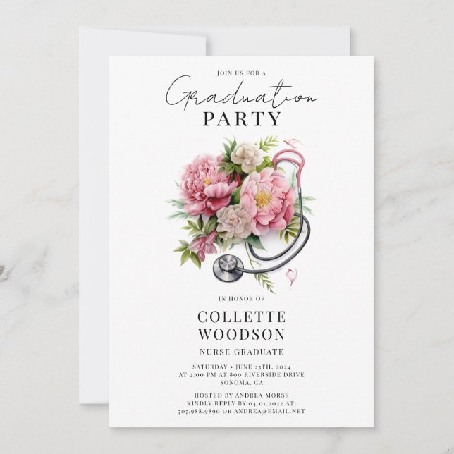 Invitation Elegant Floral Stethoscope Nurse Graduation  (Devant)