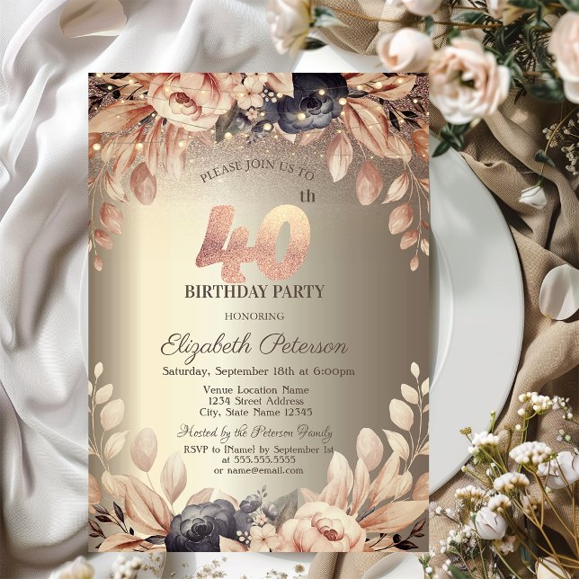 Invitation Élégant Floral, String Lights 40e anniversaire (Créateur téléchargé)