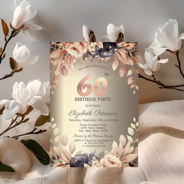 Invitation Élégant Floral, String Lights 60e anniversaire (Créateur téléchargé)