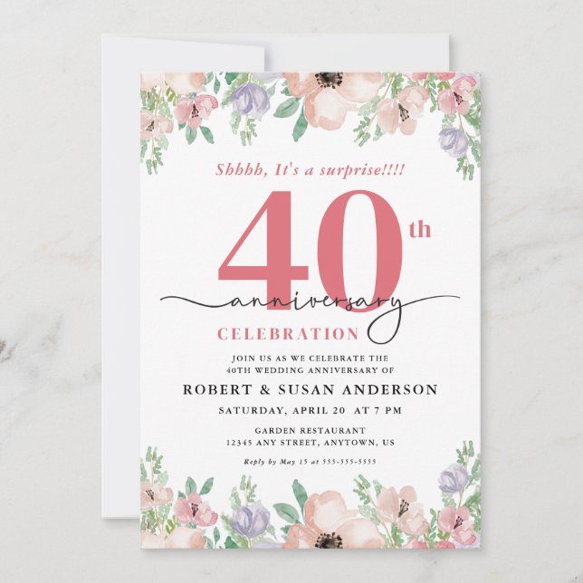 Invitation Elegant Floral Surprise 40th Wedding Anniversary (Devant)