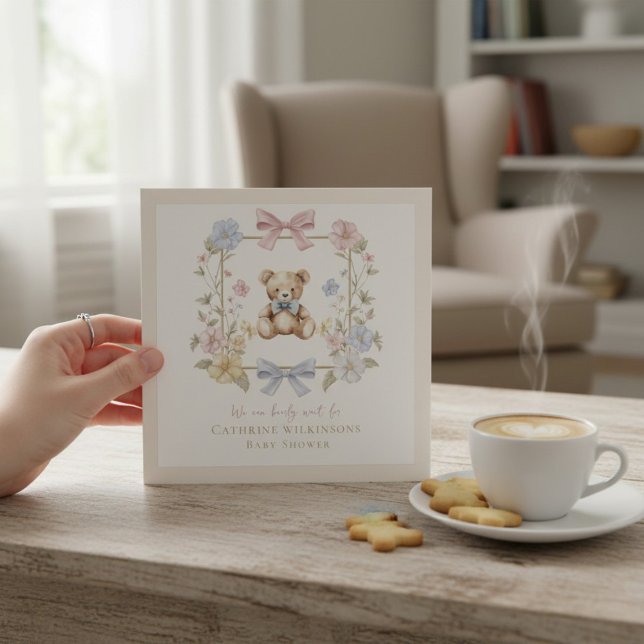 Invitation Elegant Floral Teddy  pastel  baby shower QR code (Créateur téléchargé)