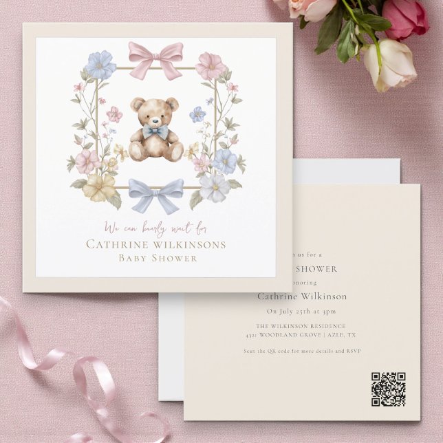 Invitation Elegant Floral Teddy  pastel  baby shower QR code (Créateur téléchargé)