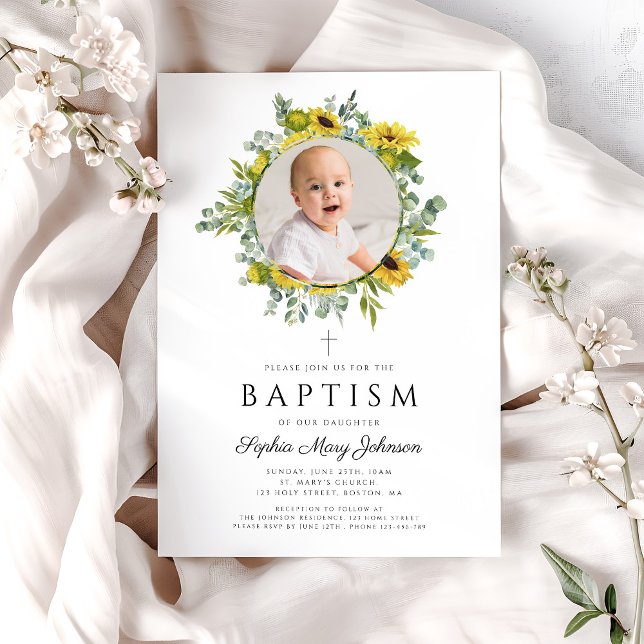 Invitation Élégant floral tournesol fille photo Baptême (Elegant Floral Sunflowers Girl Photo Baptism Invitation)