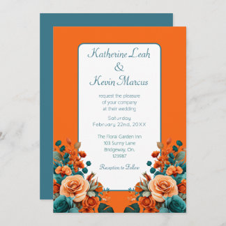 Invitation Élégant floral Turquoise et orange