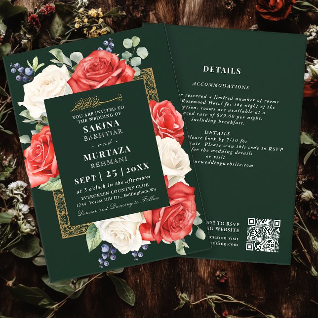 Invitation Élégant Floral Vert Musulman Mariage QR Code (Créateur téléchargé)
