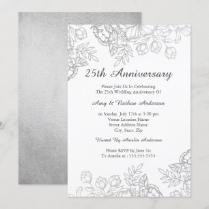 Invitation Élégant Floral Vintage Argent 25e Anniversaire