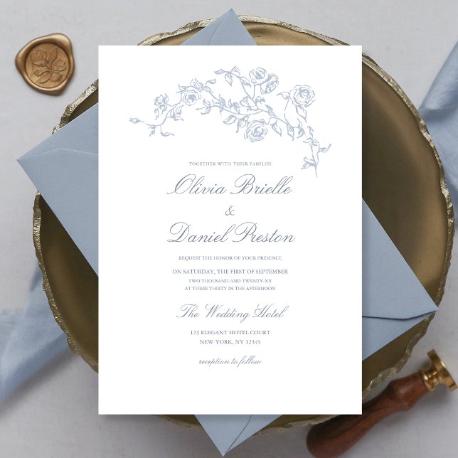 Invitation Élégant Floral Vintage Dusty Blue Mariage (Créateur téléchargé)