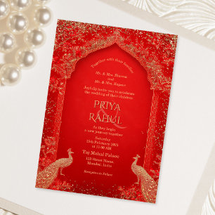 Invitation Élégant floral vintage rouge or indien paon