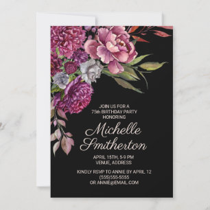 Invitation Elégant floral violet noir 75e anniversaire