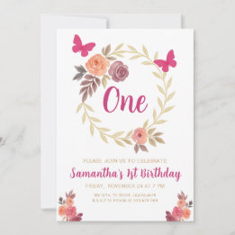 Invitation Elegant Floral Watercolor 1st Birthday