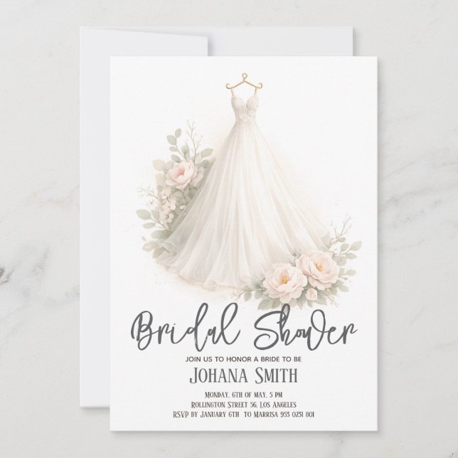 Invitation Elegant Floral Wedding Dress Bridal Shower (Devant)
