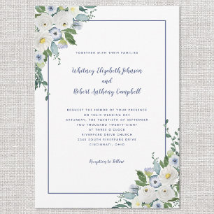 Invitation Elegant Floral Wedding Watercolor White Blue Chic