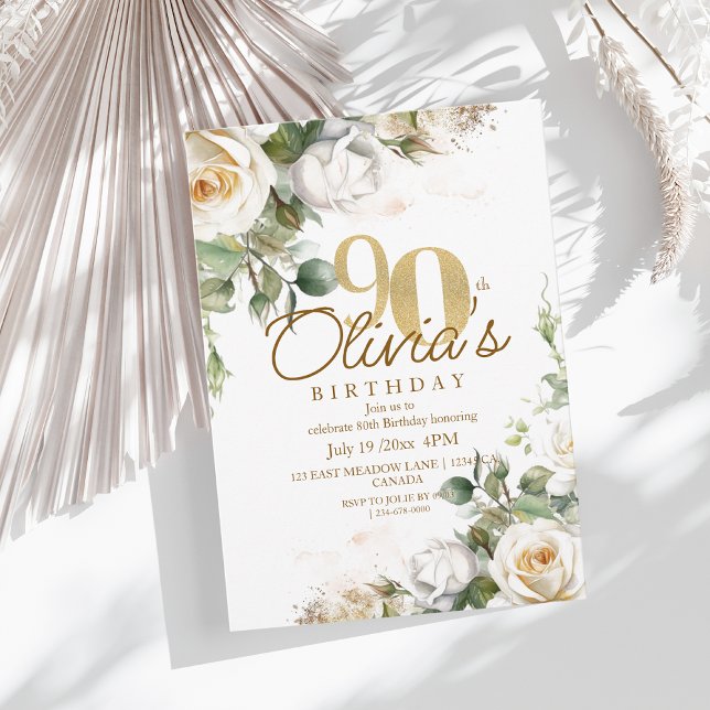 Invitation Elegant Floral White Roses & Gold 90th Birthday (Créateur téléchargé)