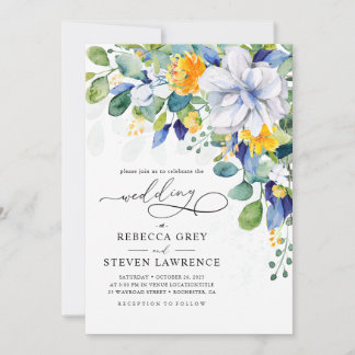Invitation Elegant floral yellow and blue wedding photo