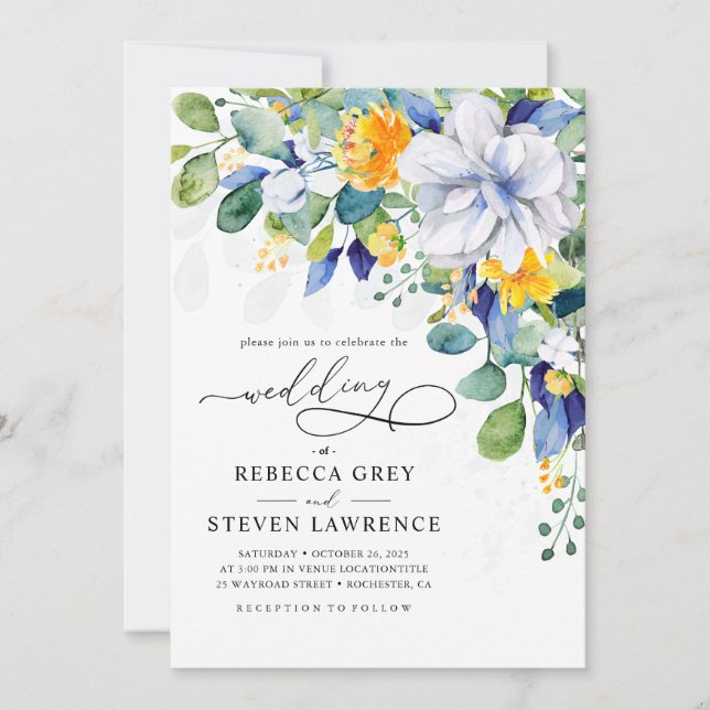 Invitation Elegant floral yellow and blue wedding photo (Devant)