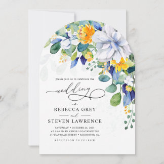 Invitation Elegant floral yellow blue wedding arched photo
