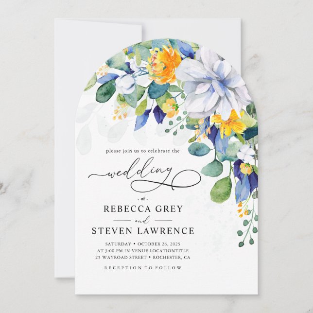 Invitation Elegant floral yellow blue wedding arched photo (Devant)