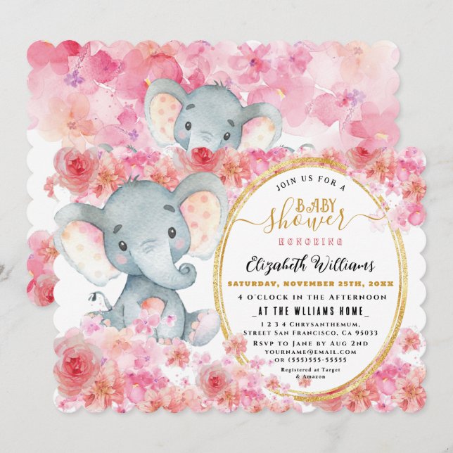 Invitation Elégant FloralAquarelle mignonne Baby shower éléph (Devant / Derrière)