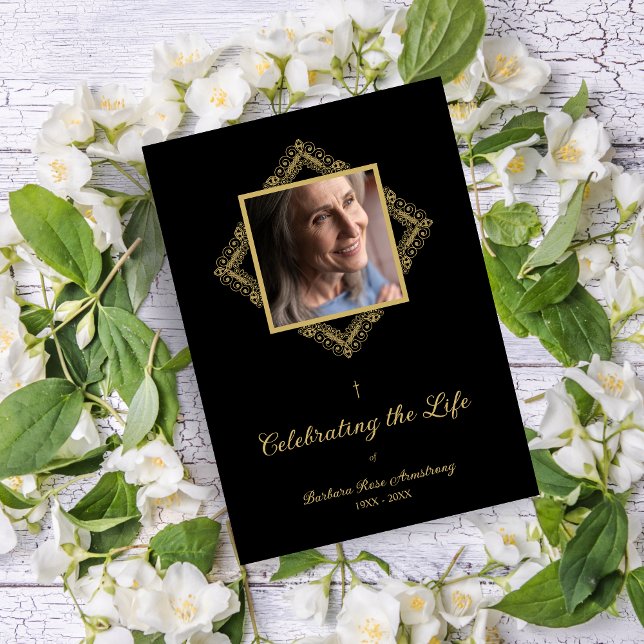 Invitation Elegant Flourish Sophisticated Golden Ornament  (Elegant Flourish Sophisticated Fake Golden Ornament Photo Funeral Service Invitation with Envelope.)