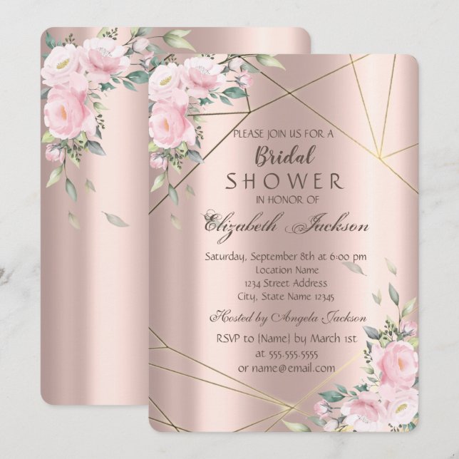 Invitation Elégant Flowers Lines Rose Fête des mariées or (Devant / Derrière)