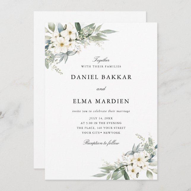 Invitation Elegant Foliage Boho Watercolor Floral Wedding  (Devant / Derrière)