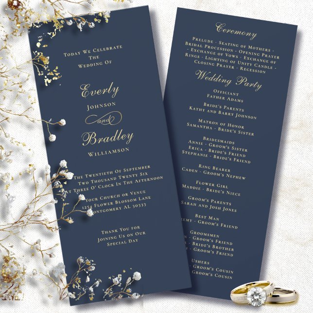 Invitation Élégant Fond Bleu Marine Écriture Dorée Mariage (Créateur téléchargé)