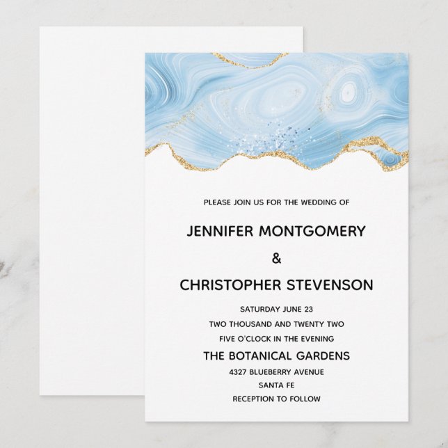 Invitation Élégant fond de mariage à l'agate bleue et or (Devant / Derrière)