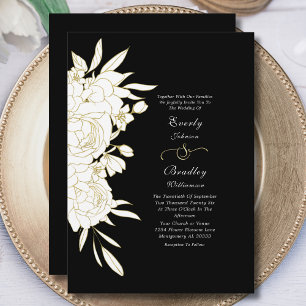 Invitation Élégant Fond Noir Mariage Floral Or Blanc