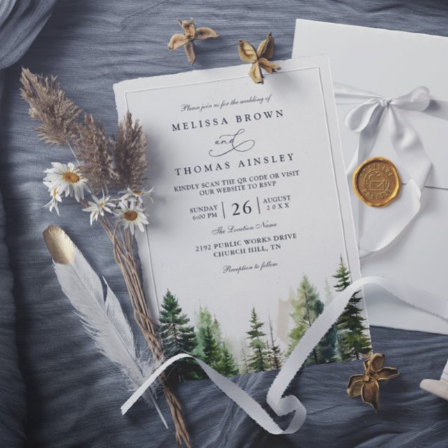Invitation Elegant forest minimalist pine qr code wedding (Créateur téléchargé)