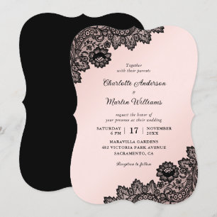 Invitation Elegant Formal Black and Pink Floral Lace Wedding