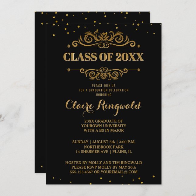 Invitation Élégant Formal Black Gold College Graduation Party (Devant / Derrière)