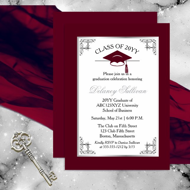 Invitation Élégant Formal Burgundy College Graduation Party (Elegant Formal Silver Tone and Burgundy College | University Graduation Party Invitation )