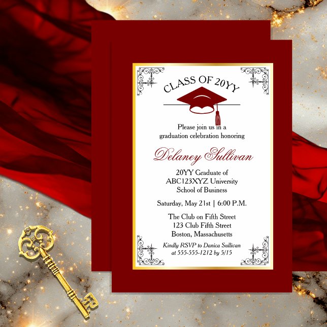 Invitation Élégant Formal Gold College Graduation Party (Elegant Formal Gold Tone and Dark Red College | University Graduation Party Invitation )