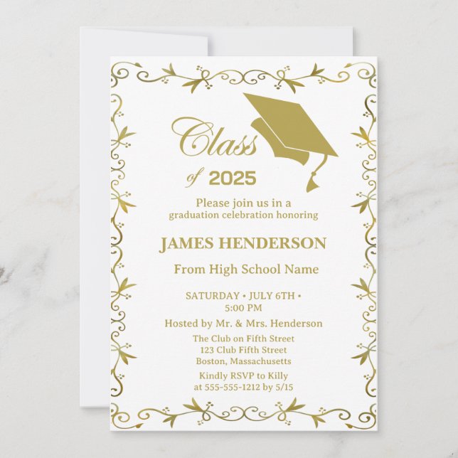 Invitation Élégant Formal Gold College Graduation Party 2025 (Devant)
