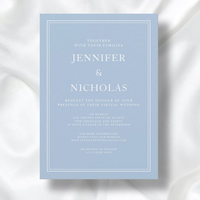 Invitation Élégant Formal Powder Blue Mariage virtuel (Front / Modern Elegant Formal Powder Blue Virtual Wedding Invitation)
